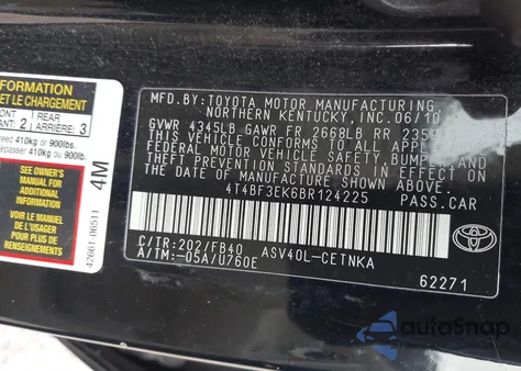 2011 Toyota Camry Le из США, поврежденный, VIN 4T4BF3EK6BR124225